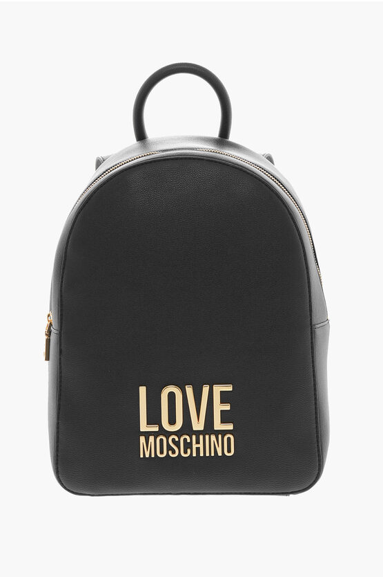Moschino Love Faux Leather Backpack With Golden Embossed Maxi Logo Fr In Brown