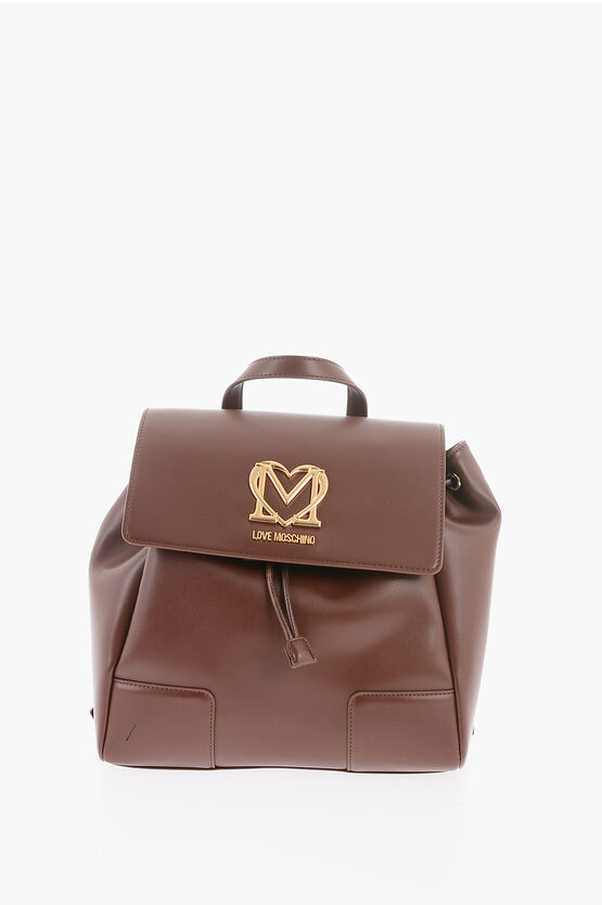 Moschino Love Faux Leather Backpack With Golden Logo In Brown