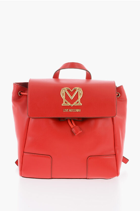 Moschino Love Faux Leather Backpack With Golden Logo In Burgundy