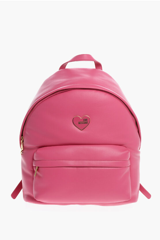 Moschino Love Faux Leather Backpack With Metal Heart In Pink