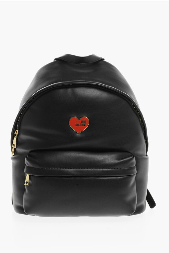 Moschino Love Faux Leather Backpack With Metal Heart In Black