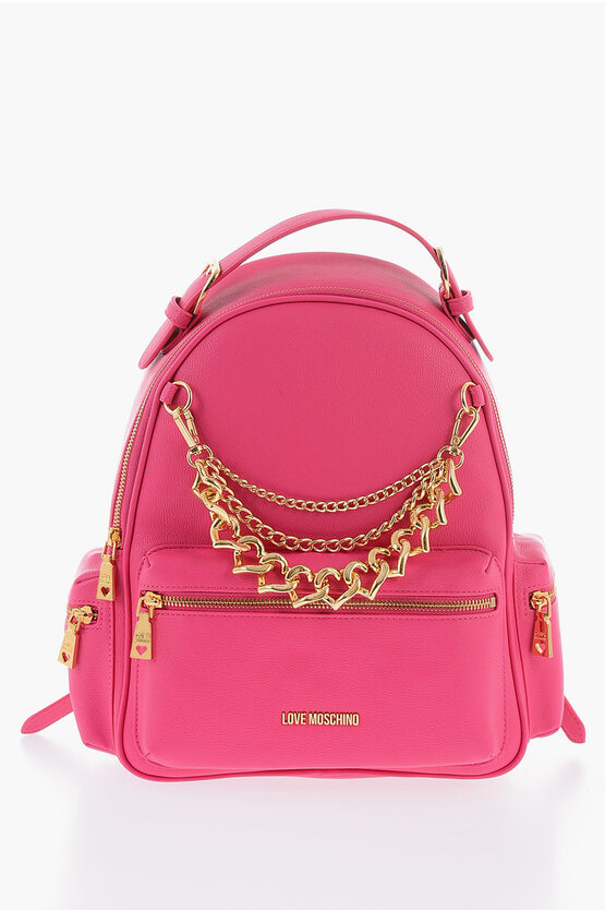 Moschino Love Faux Leather Backpack With Removable Golden Charm In Pink