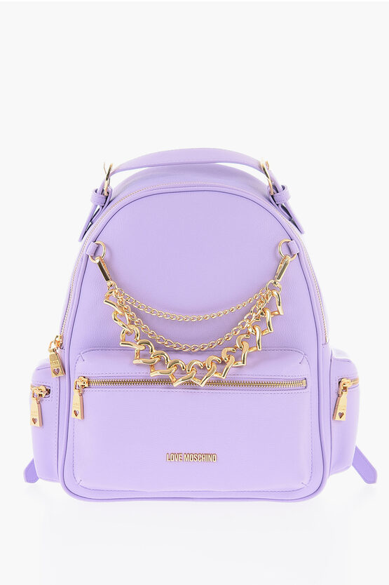 Moschino Love Faux Leather Backpack With Removable Golden Charm In Purple