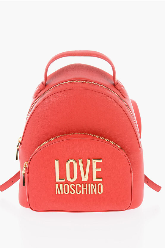 Moschino Love Faux Leather Backpack With With Golden Logo-plaque In Burgundy