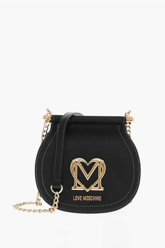 Moschino Love Faux Leather Bag With Chain Shoulder Strap And Golden L In Burgundy