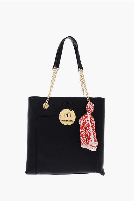Moschino Love Faux Leather Bag With Golden Details And Neckerchief In Black