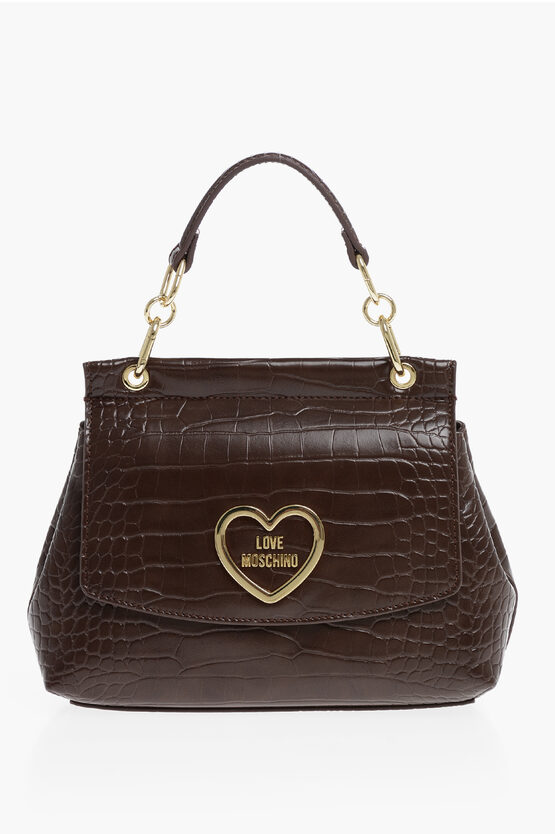 Moschino Love Faux Leather Bag With Golden Details And Removable Shou In Brown