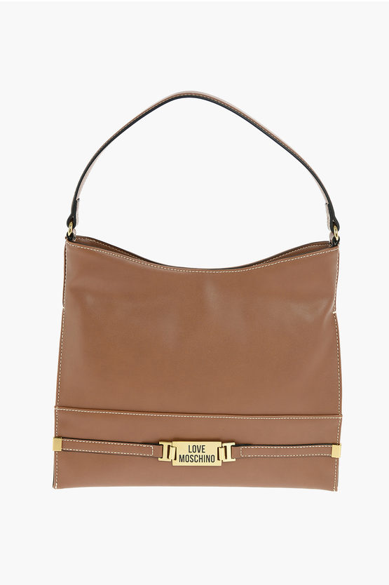 Moschino Love Faux Leather Bag With Golden Logo In Brown