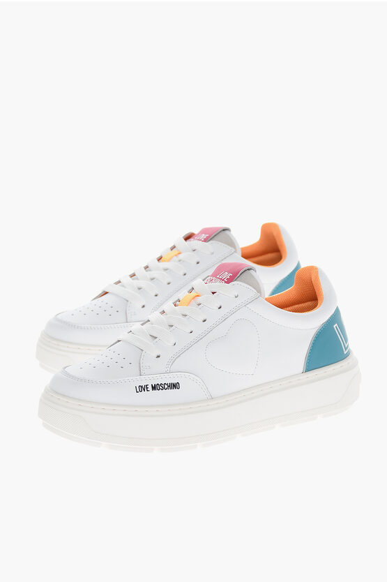 Moschino Love Faux Leather Bold40 Low Sneakers With Embossed Heart An In White