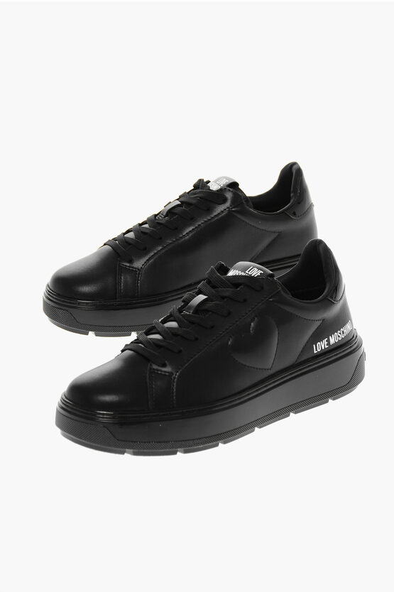 Moschino Love Faux Leather Bold40 Low Sneakers With Embossed Heart In Black