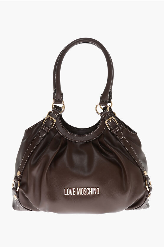 Moschino Love Faux Leather Bucket Bag With Golden Details In Brown