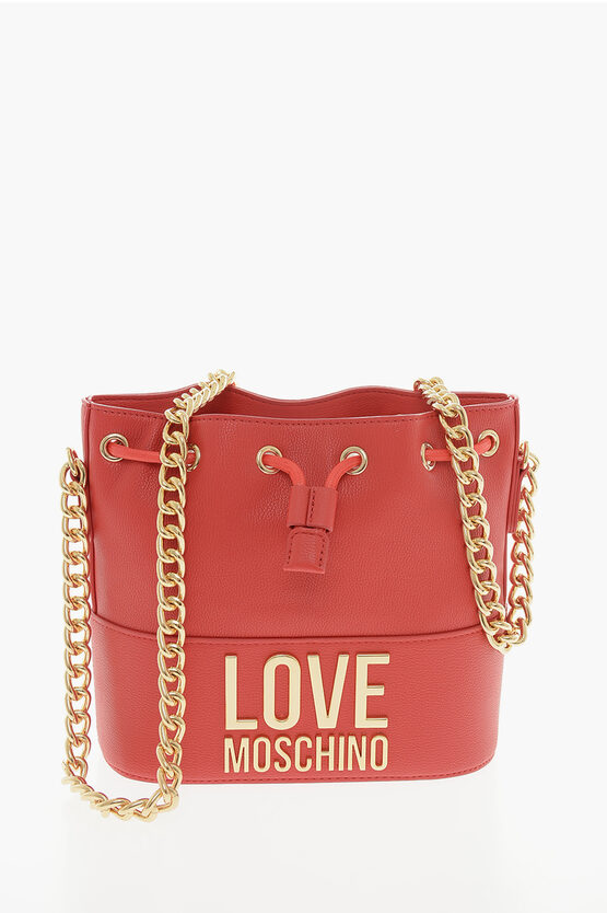Moschino Love Faux Leather Bucket Bag With Golden Logo In Brown