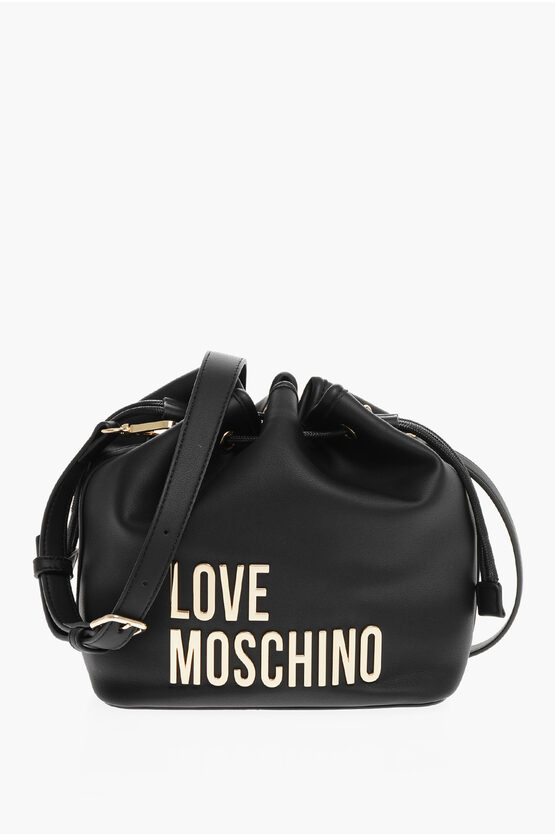 Moschino Love Faux Leather Bucket Bag With Golden Maxi Logo In Black