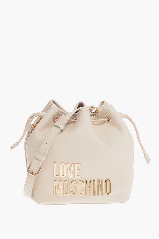 Moschino Love Faux Leather Bucket Bag With Golden Maxi Logo In Neutral