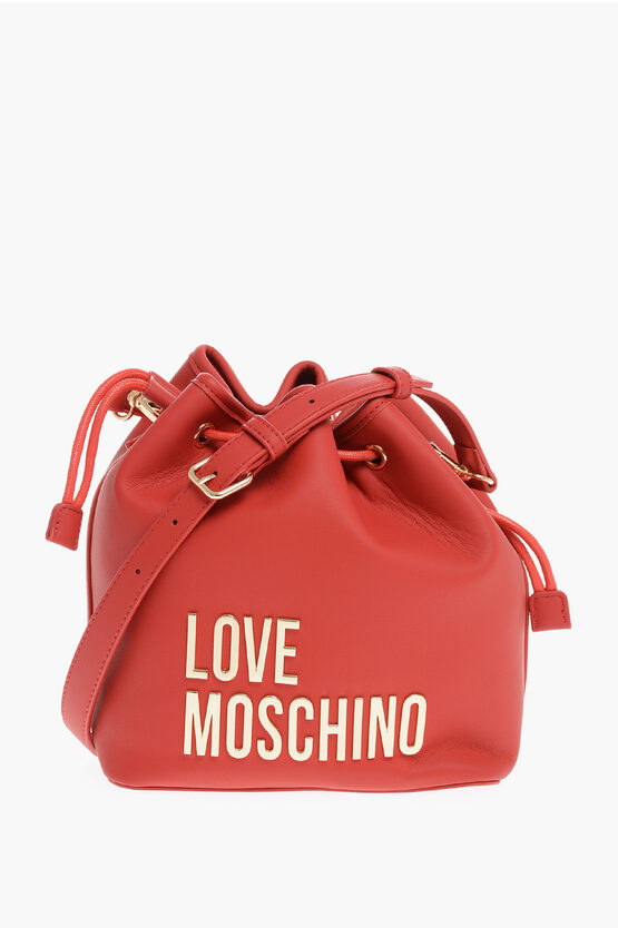 Moschino Love Faux Leather Bucket Bag With Golden Maxi Logo In Red