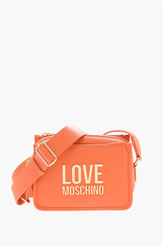 Moschino Love Faux Leather Camera Bag With Golden Logo Plaque In Brown