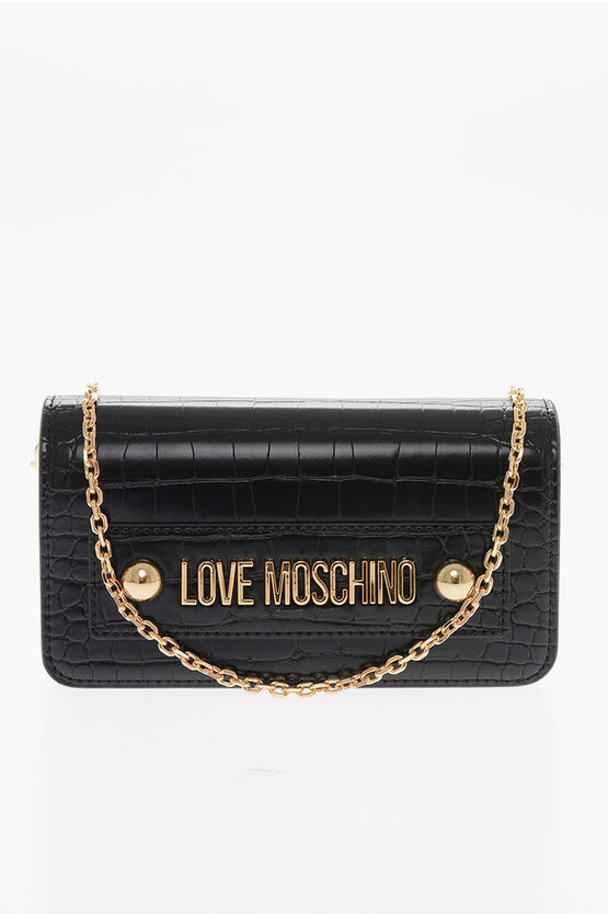 Moschino Love Faux Leather Crocodile Effect Bag With Embellished Gold In Burgundy