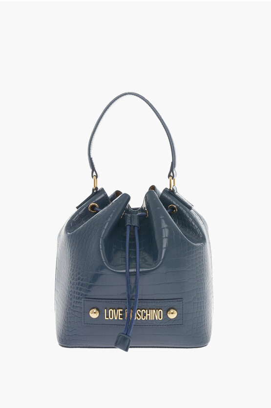 Moschino Love Faux Leather Crocodile Effect Bucket Bag With Embossed In Blue