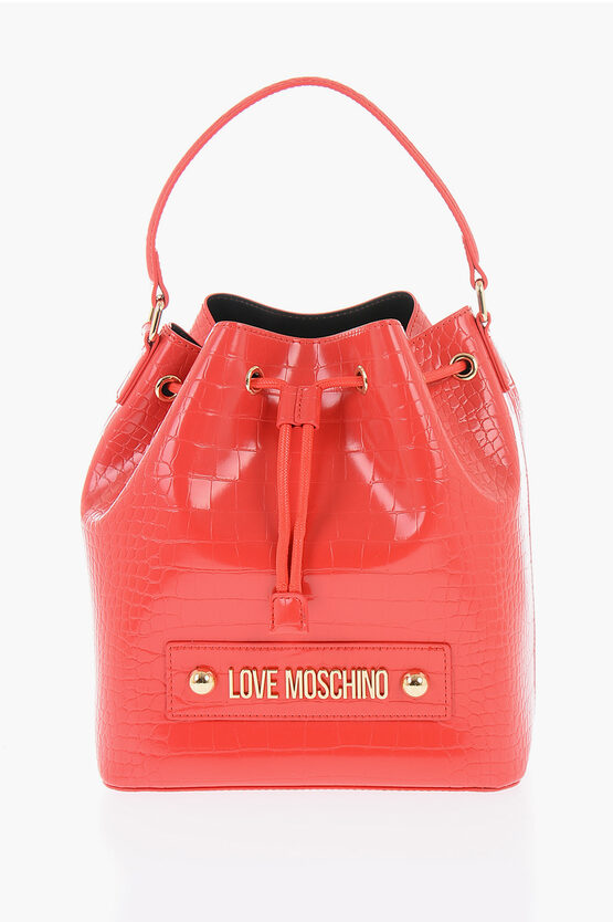 Moschino Love Faux Leather Crocodile Effect Bucket Bag With Embossed In Brown