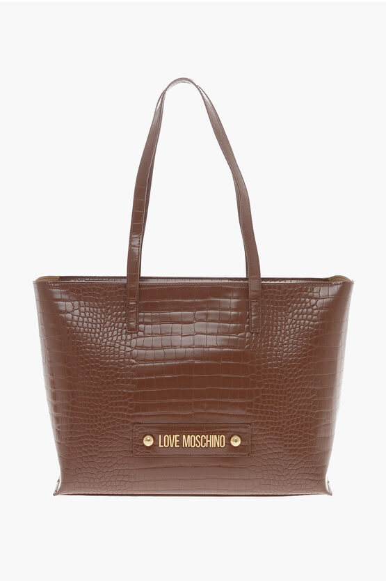 Moschino Love Faux Leather Crocodile Effect Tote Bag In Brown