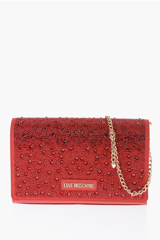 Moschino Love Faux Leather Crossbody Bag Embellished With Rhinestones In Red