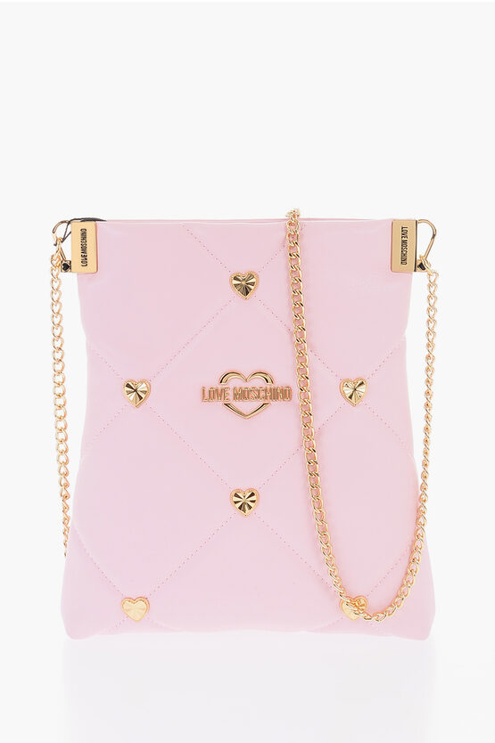 Moschino Love Faux Leather Crossbody Bag With All-over Golder Hearts In Pink
