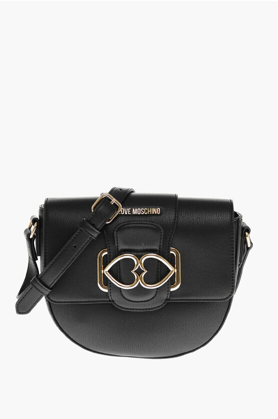 Moschino Love Faux Leather Crossbody Bag With Double Metal Heart In Black
