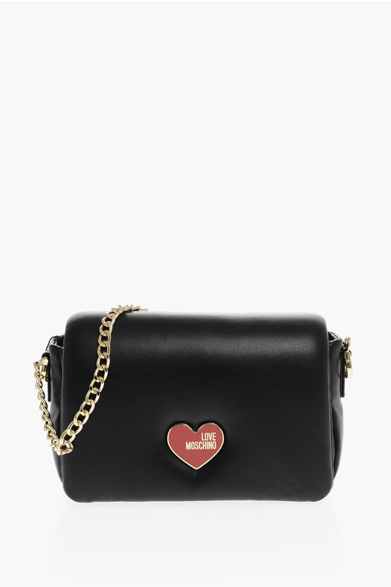Moschino Love Faux Leather Crossbody Bag With Golden Chain In Black