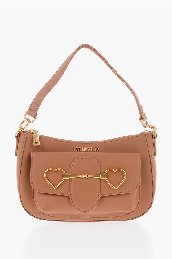 Moschino Love Faux Leather Crossbody Bag With Golden Details In Brown