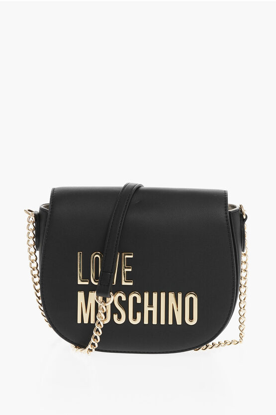 Moschino Love Faux Leather Crossbody Bag With Golden Details In Black