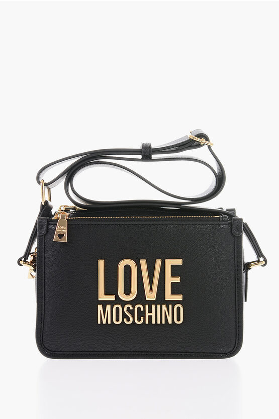 Moschino Love Faux Leather Crossbody Bag With Golden Logo In Burgundy