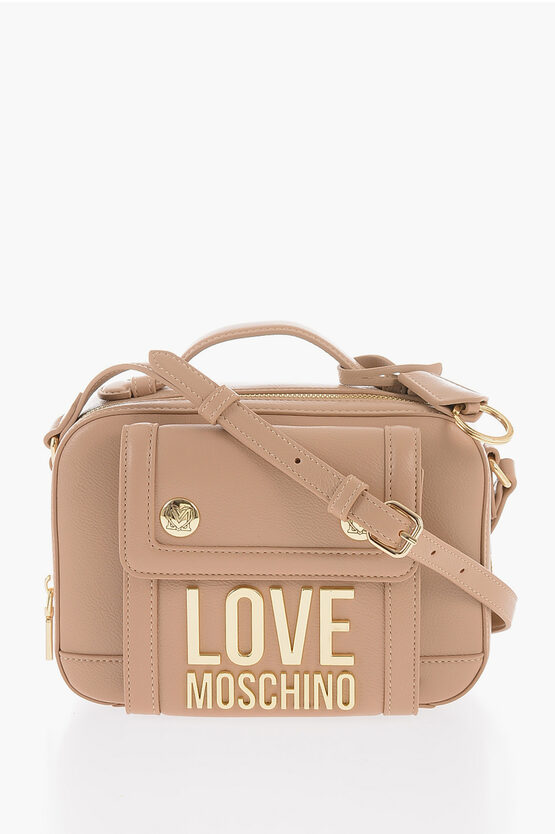Moschino Love Faux Leather Crossbody Bag With Golden Logo In Brown