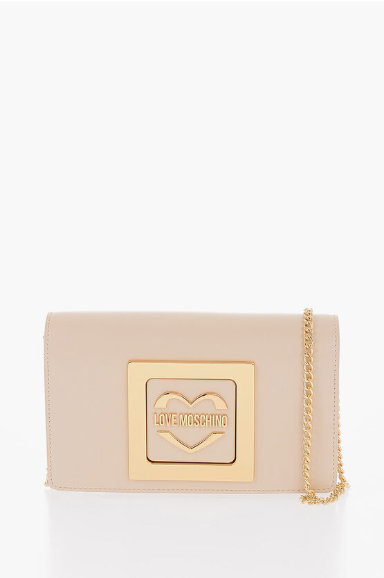 Moschino Love Faux Leather Crossbody Bag With Metal Golden Logo In Brown