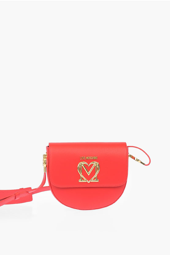 Moschino Love Faux Leather Crossbody Saddle Bag With Golden Logo In Black