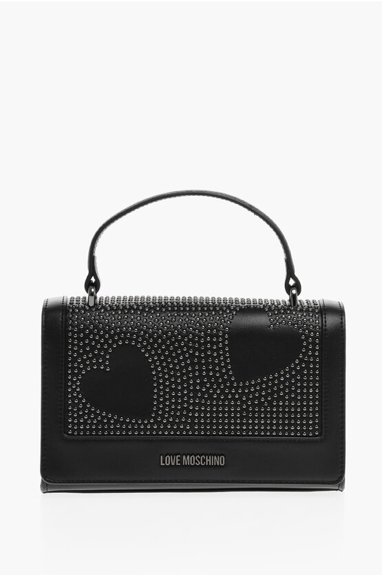 Moschino Love Faux Leather Embellished Studs Hand Bag With Chain In Black