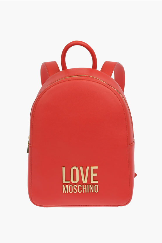 Moschino Love Faux Leather Gold Metal Logo Backpack In Red