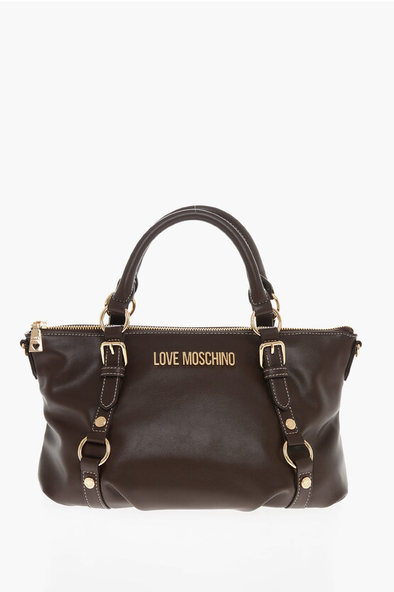 Moschino Love Faux Leather Hande Bag With Golden Logo In Brown