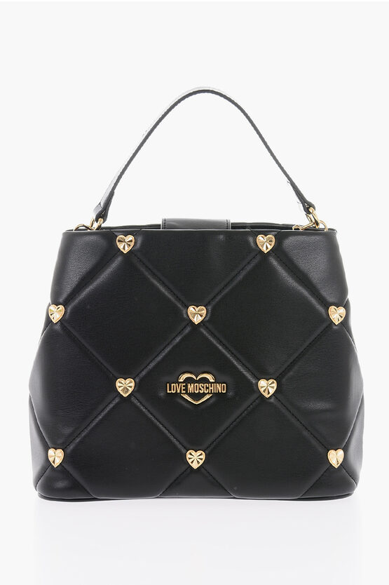 Moschino Love Faux Leather Handle Bag With All-over With Golden Heart In Black