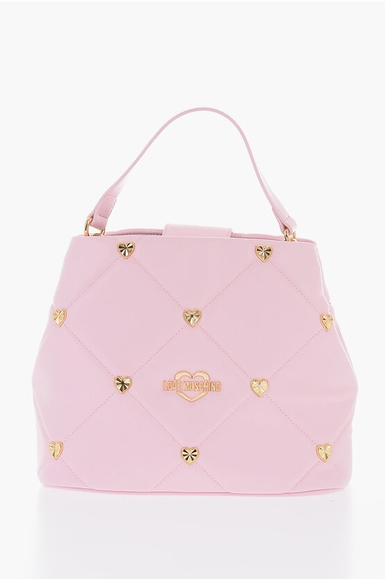 Moschino Love Faux Leather Handle Bag With All-over With Golden Heart In Pink