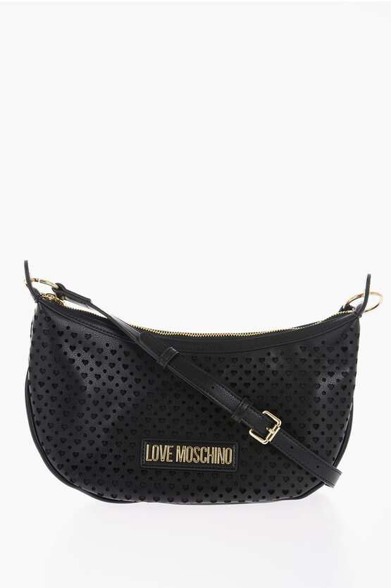 Moschino Love Faux Leather Hobo Bag With All-over Heart Shaped Openwo In Black