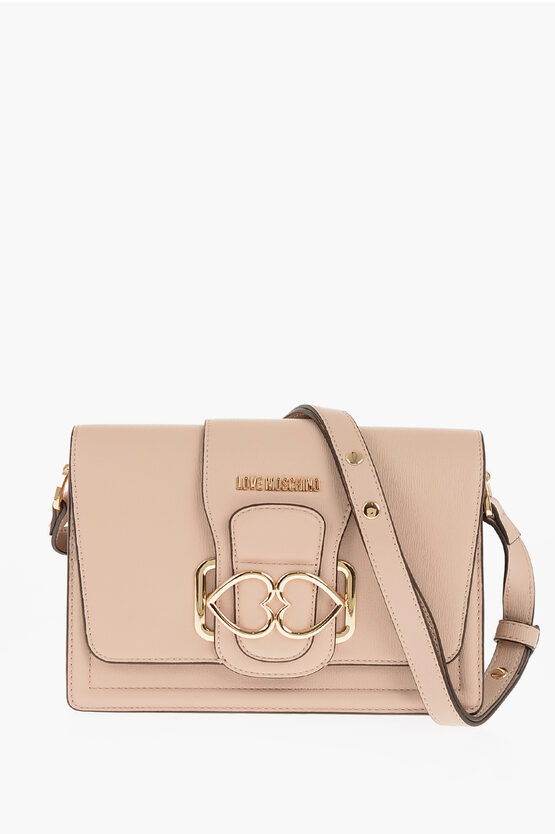 Moschino Love Faux Leather Love Bridge Shoulder Bag With Double Heart In Brown