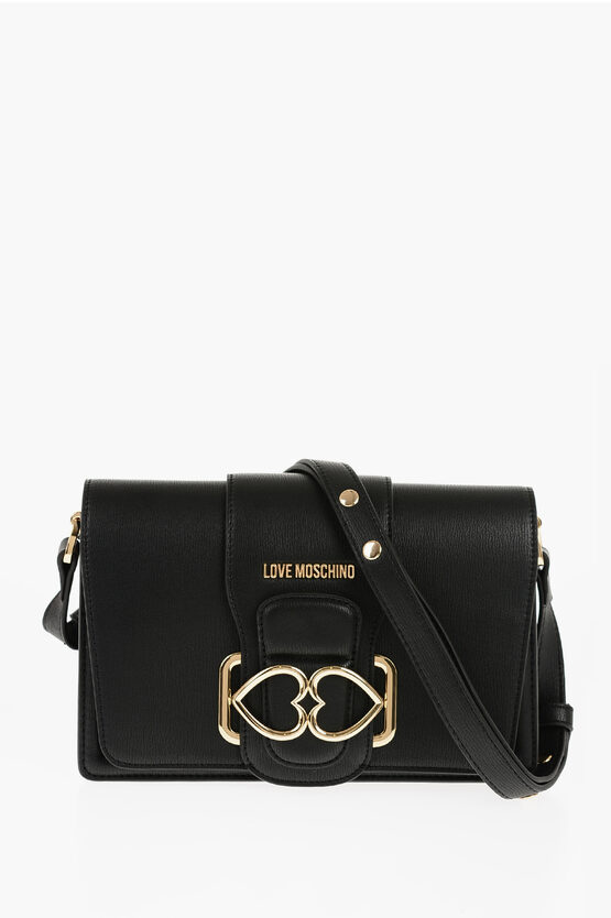 Moschino Love Faux Leather Love Bridge Shoulder Bag With Double Heart In Black