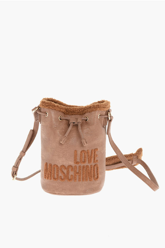 Moschino Love Faux Leather Mini Bucket Bag With Faux Fur Details In Brown
