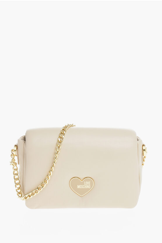 Moschino Love Faux Leather Paddede Puffy Shoulder Bag With Golden Cha In White