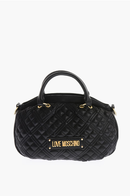Moschino Love Faux Leather Quilted Bowler Bag With Golden Details In Black