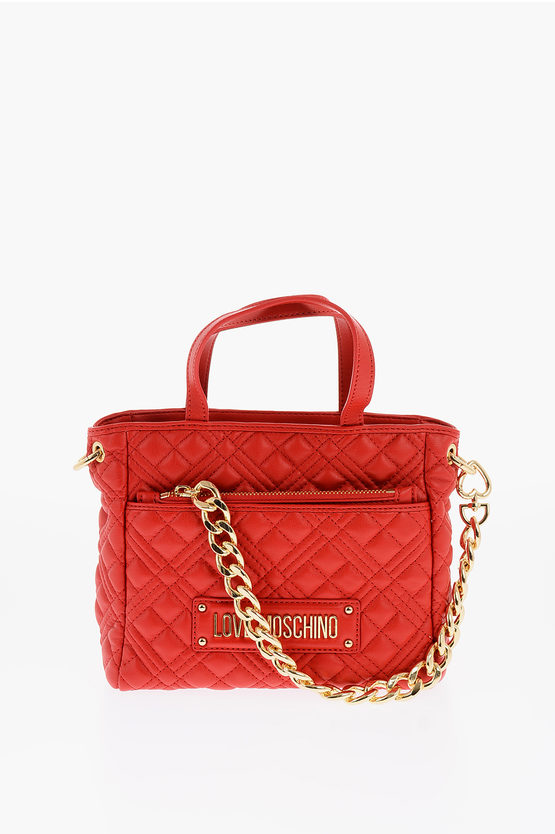 Moschino Love Faux Leather Quilted Mini Bag With Matching Pochette In Brown