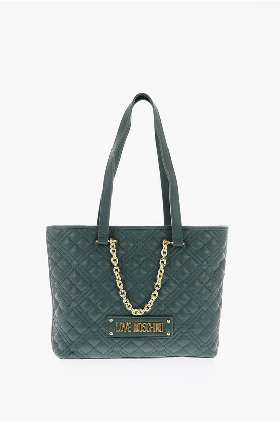 Moschino Love Faux Leather Quilted Tote Bag With Golden Details In Black