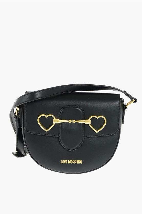 Moschino Love Faux Leather Saddle Bag With Adjustable Shoulder Trap In Black