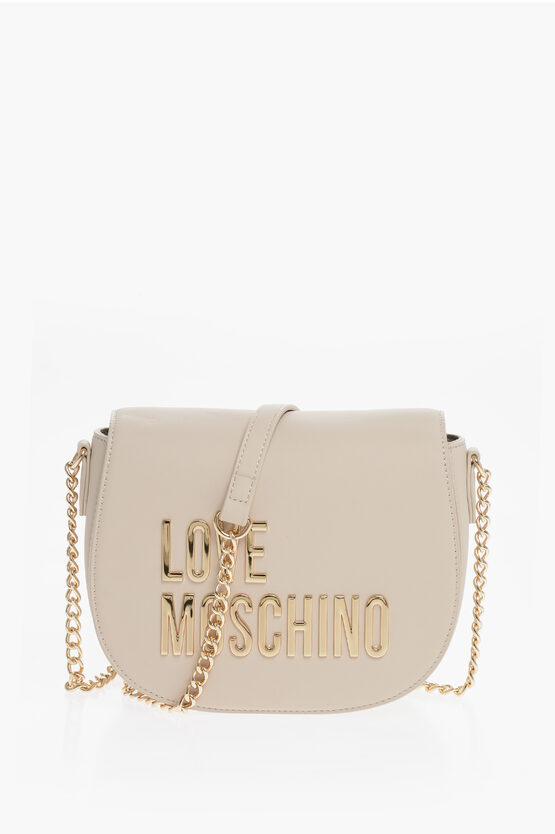 Moschino Love Faux Leather Saddle Bag With Golden Chain And Maxi Logo In Neutral