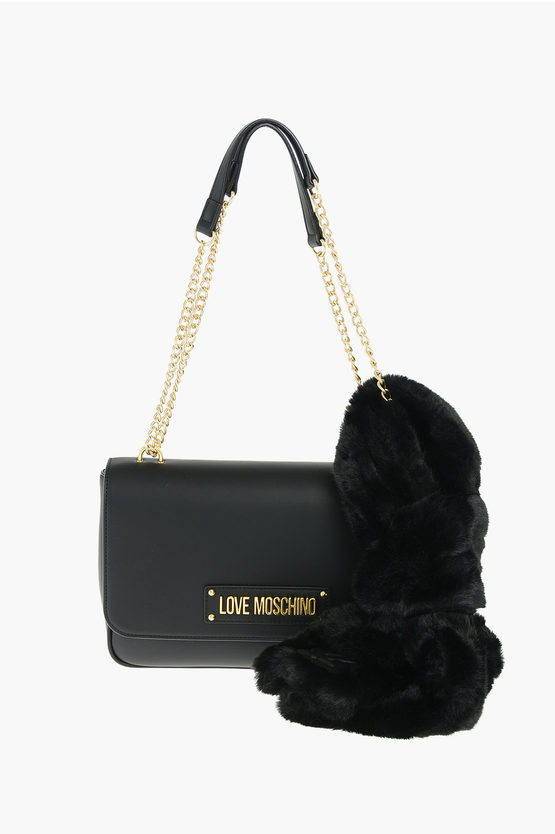 Moschino Love Faux Leather Shoulder Bag With Faux Fur Applied In Black